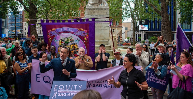 Film and TV workers assembled at London’s Leicester Square in support of the SAG-AFTRA